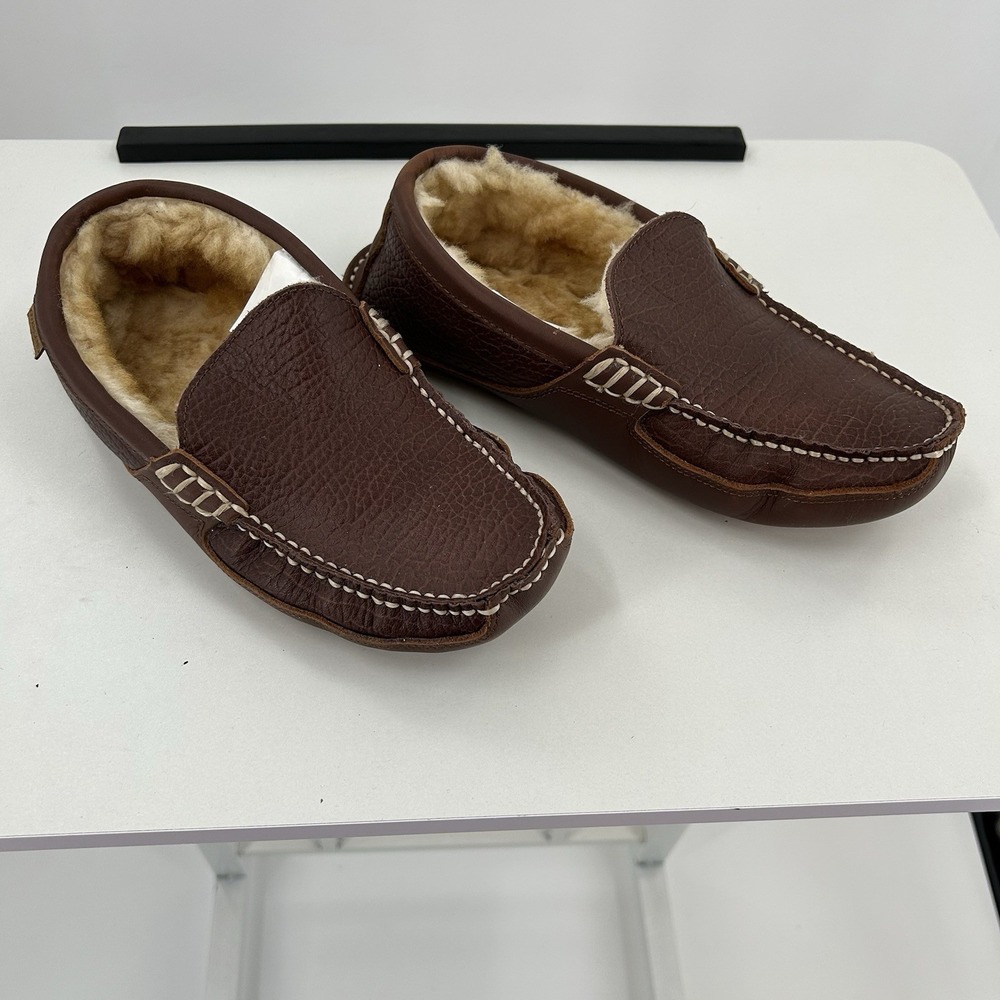 Outland Sheepskin Lined leather Slippers Mens 8 Brown Moccasin House Shoes‎ Cozy